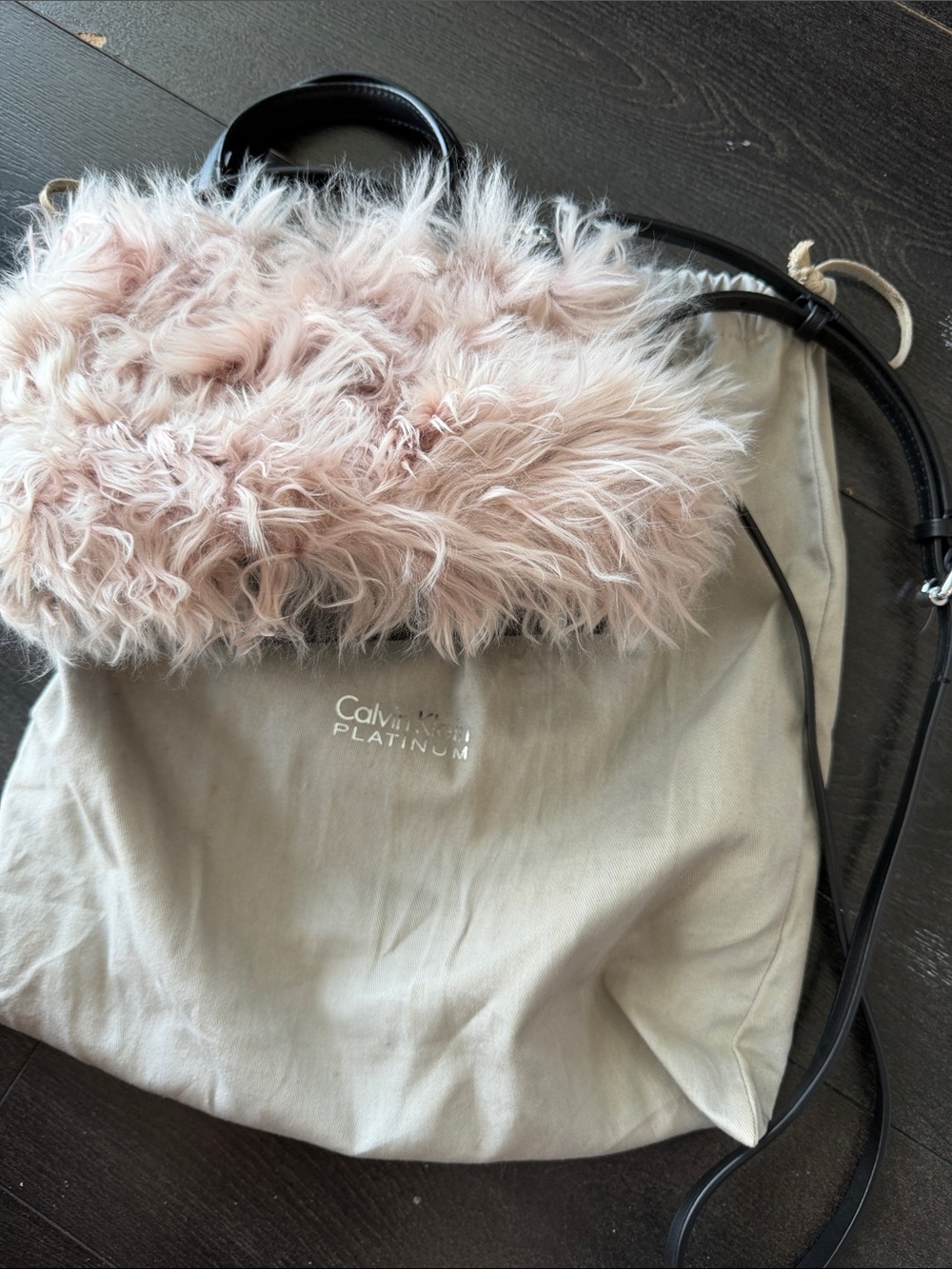 Calvin Klein Blush Pink Faux Fur Shoulder Bag with Black Strap